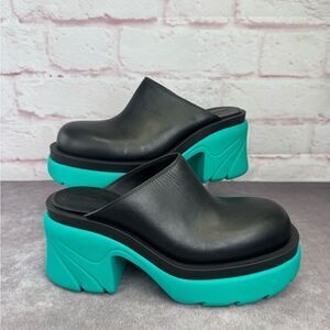 Bottega Veneta Black Teal Flash Platform Mules New